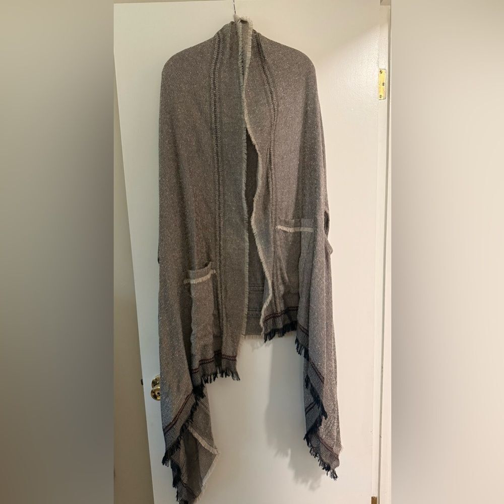 Elegant Gray Women's Shawl Wrap, Burgundy stripe detail
